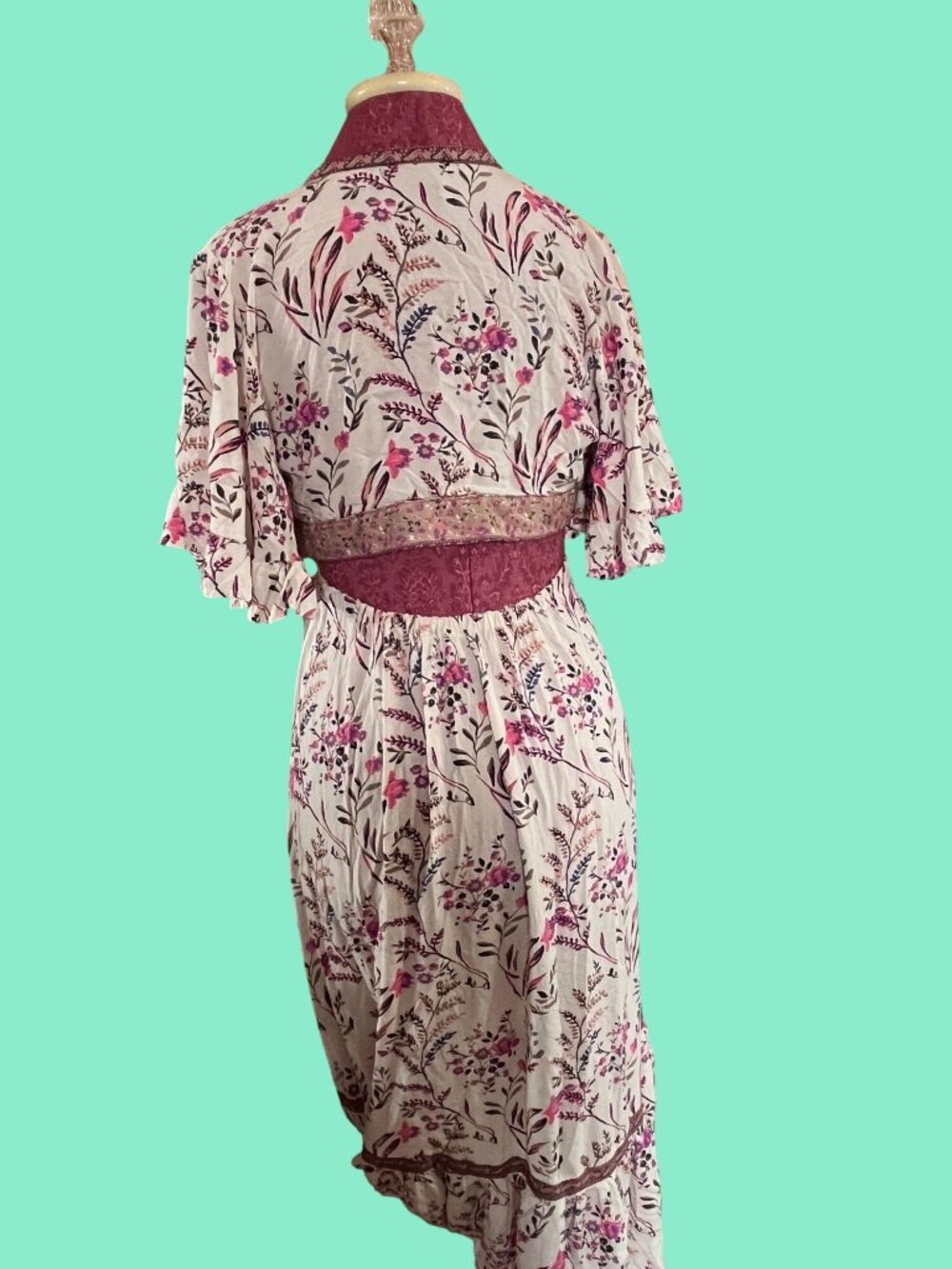 Floral High-Low Wrap Dress With Ruffle Hem Bell Sleeves & Tie Waist Beige & Pink - Picture 3 of 11